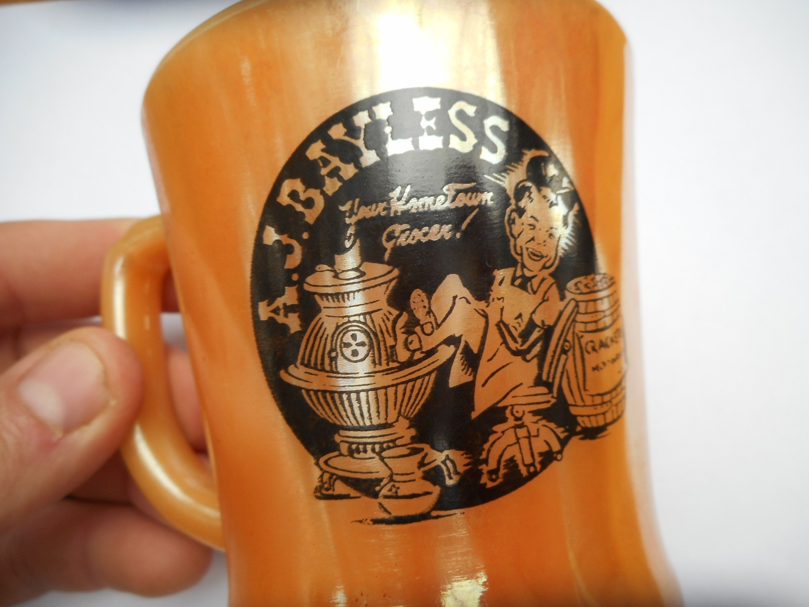 Vintage A.J. Bayless Grocers Grocery Fire King Peach Lustre Glass Coffee Cup