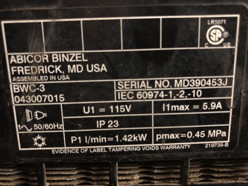 Abicor Binzel BWC-3 115V coolant unit torch water coolers
