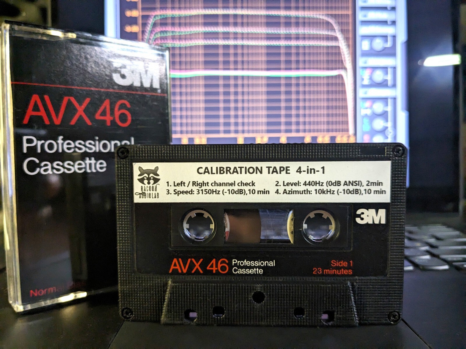 4-in-1 AVX46 Test/Calibration audio cassette tape: L/R, level, speed/W&F,azimuth