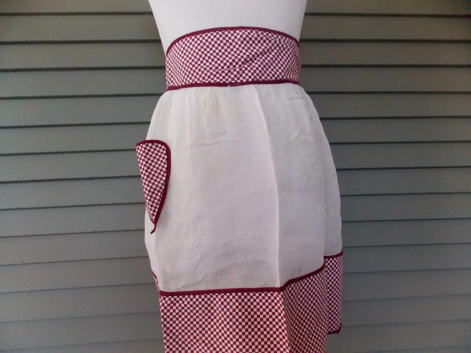 Vintage Handmade Half Apron White Sheer Burgundy Check Trim and Pocket