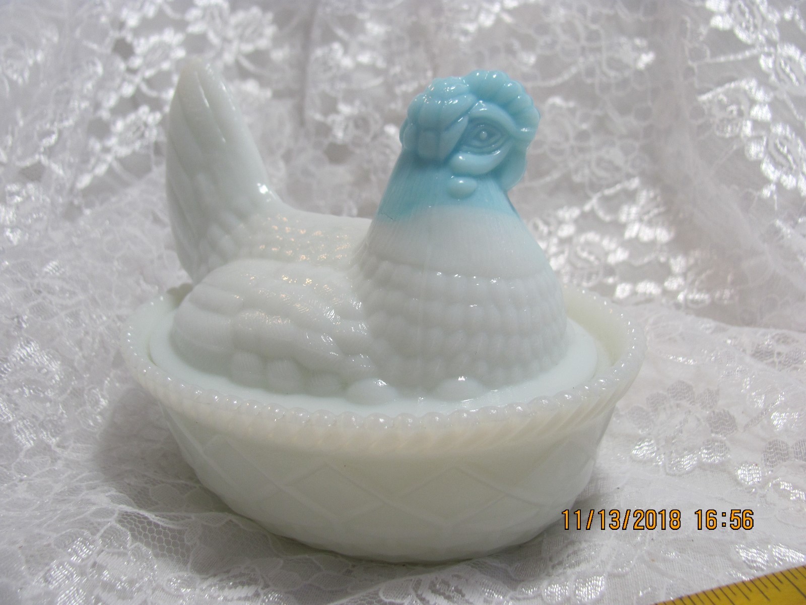 Vintage Westmoreland Hen On Nest Milk Slag Glass with Blue Head Dish #4