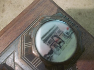 Old Notre Dame Desk Set for Inkwells?  has Walnut Base Paris Scenes