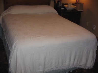 VINTAGE MATELASSE WHITE BEDSPREAD WITH MATCHING SHAM-COTTON & FRINGE- 76