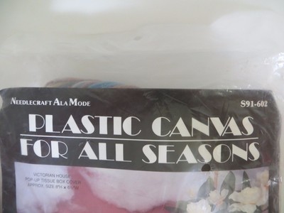 VTG Needlecraft Kit Blue Victorian House Picket Fence Tissue Box Cover  8