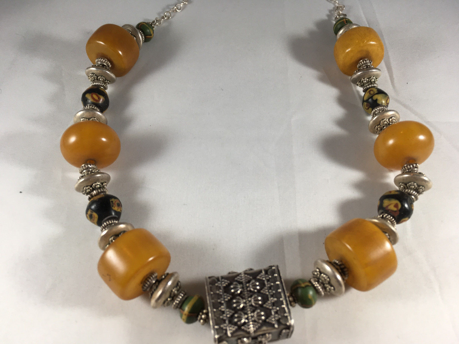 Vintage African Trade Bead Necklace with Amber and Sterling silver