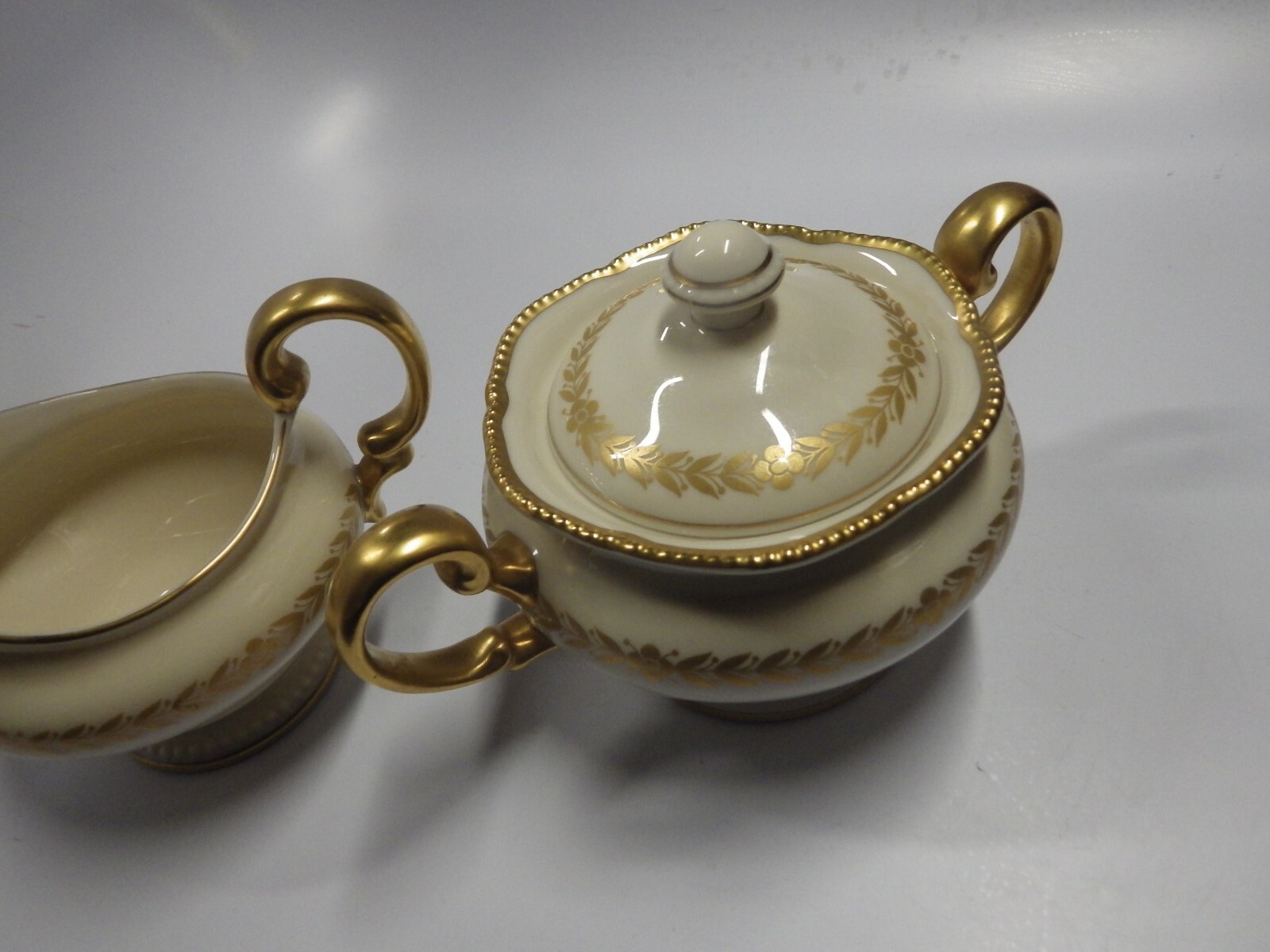 Lenox Imperial China Gold Laurel Wreath CREAMER & SUGAR WITH LID LARGE EUC