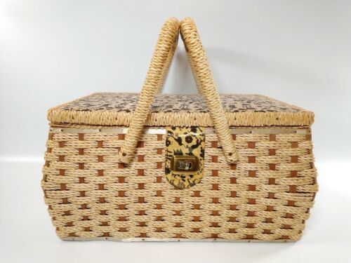 Vintage Woven Wicker Sewing Basket Box Tapestry Floral Large Handles Locks 2528