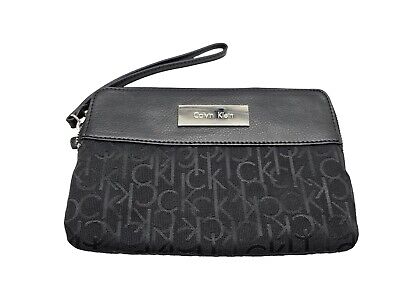 Calvin Klein Wristlet Wallet Black Leather Fabric CK Logo