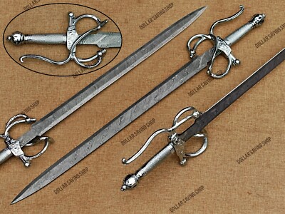 Fully Handmade Damascus Steel Medieval / Rapier Sword With Leather Sheath.