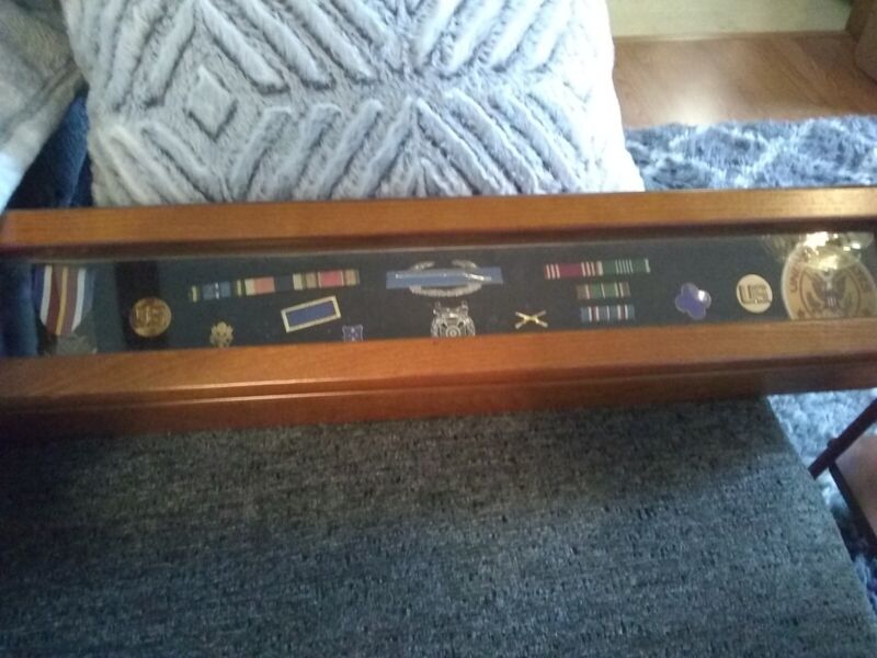 WW 2 Army Medal & Ribbons With shadowbox display case.  26" L By 4" H. 