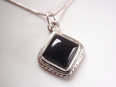 Black Onyx Square 925 Sterling Silver Necklace Embellished w/ Rope Style Accents