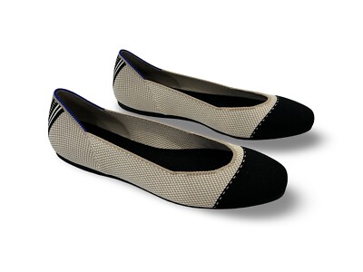 Rothys The Square Cap Toe Ballet Flats Womens Size 9.5 Beige & Black Tuxedo