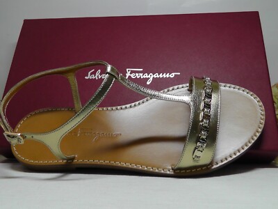 Pre-owned Ferragamo Salvatore  Metallic Gold Tremiti Chain Trim Flat Sandal Size 8.5c$430