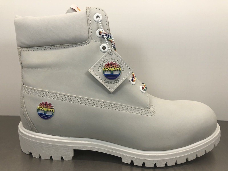 white and rainbow timberlands