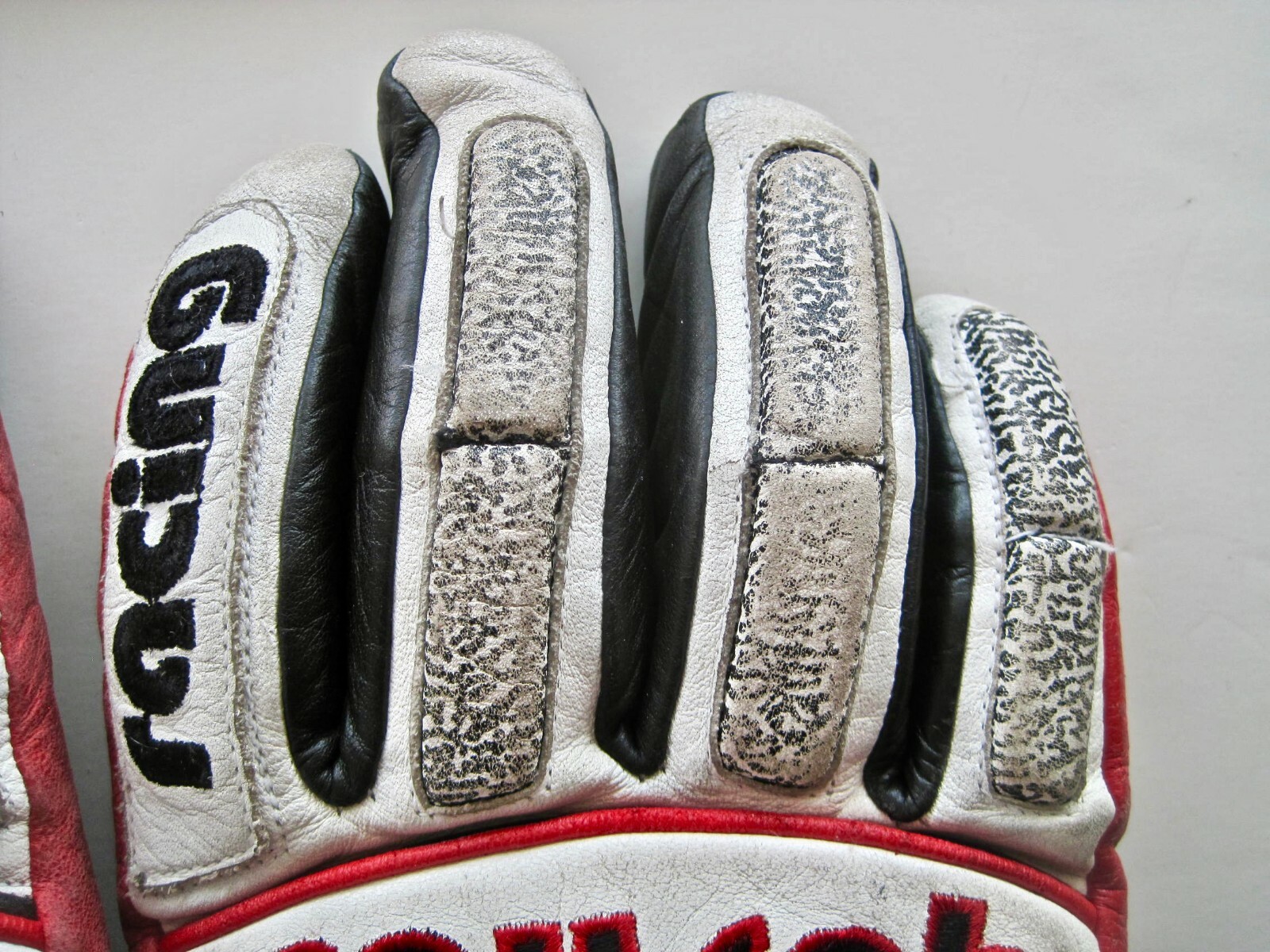 Vintage Reusch US Ski Team Racing Slalom Leather Gloves Black White Red Size 8.5