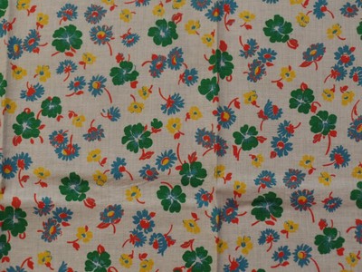 Vtg Cotton Feed Sack, Small Flowers, Green, Aqua, Yellow, Red Leaf Allover Print