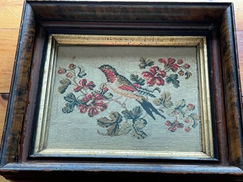 Antique Victorian Needlepoint Punched Paper Needlework Bird Framed