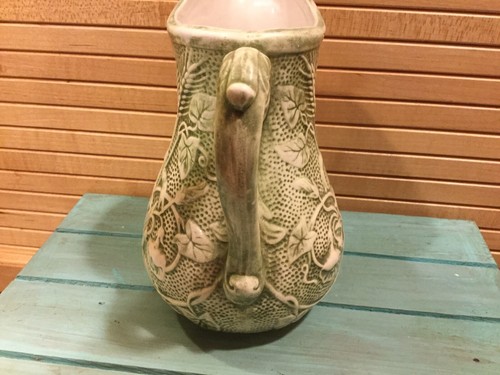 Antique Green Salt Glaze Pitcher, Morning Glory Vines, Wheat, 6.5”