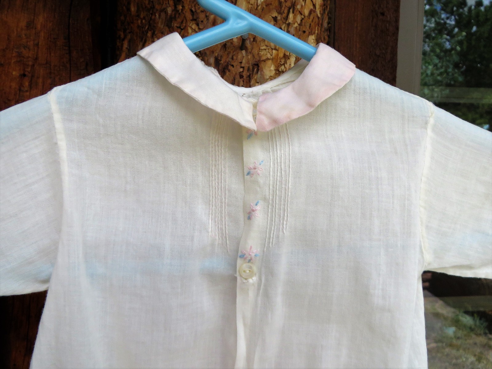 Antique Vintage Dress Gown Baby Infant White Ivory Pink Trim Embroidery Handmade