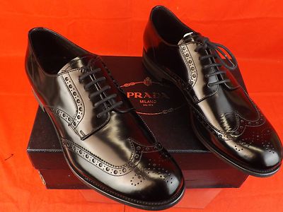 Pre-owned Prada 2ee061 Black Patent Leather Lace Up Wingtip Perforated Oxfords 10 11