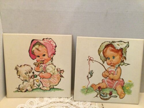 Set of 2 Vintage 1962 Pete Harley Girl Wall Plaques 8.5” x 8.5”