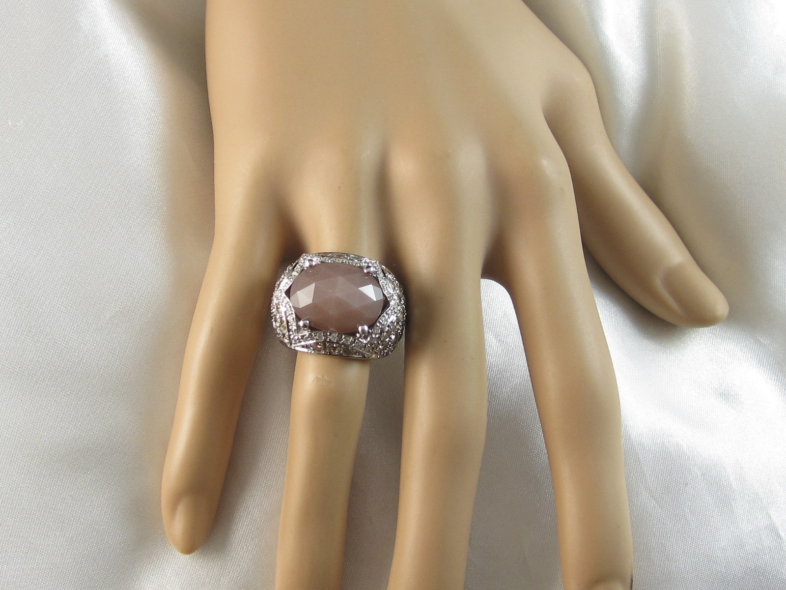 Sonia B Bitton Rose Quartz Diamond Ring 14K White Gold Designer Signed Size 6.75