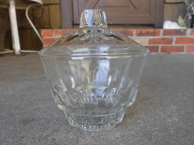 Depression HAZEL ATLAS Clear Glass CANDY BOWL  w Lid  Thumbprint Design  Vintage