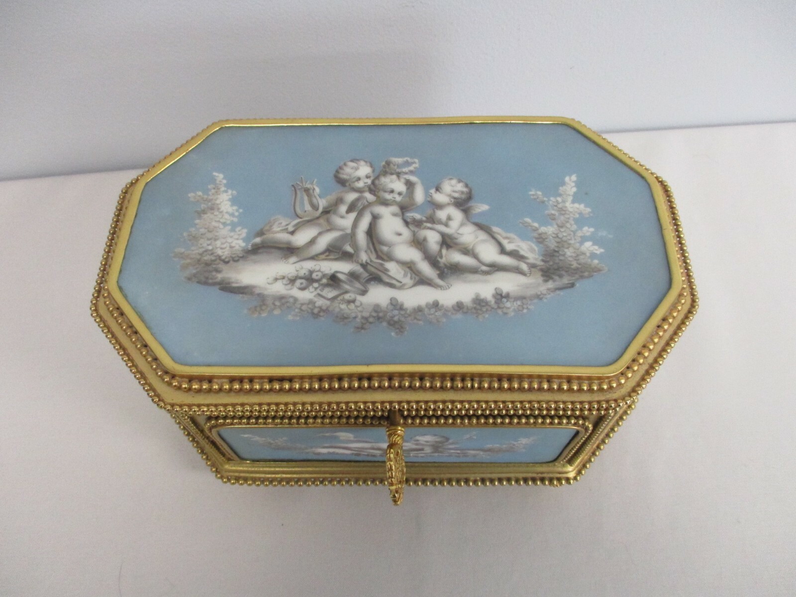 ANTIQUE FRENCH SIRAUDIN BLUE PORCELAIN BRONZE BOX with HAND PAINTED CHERUBS