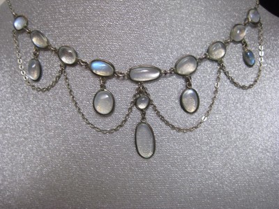 ANTIQUE ART NOUVEAU MOONSTONE STERLING FESTOON NECKLACE RARE