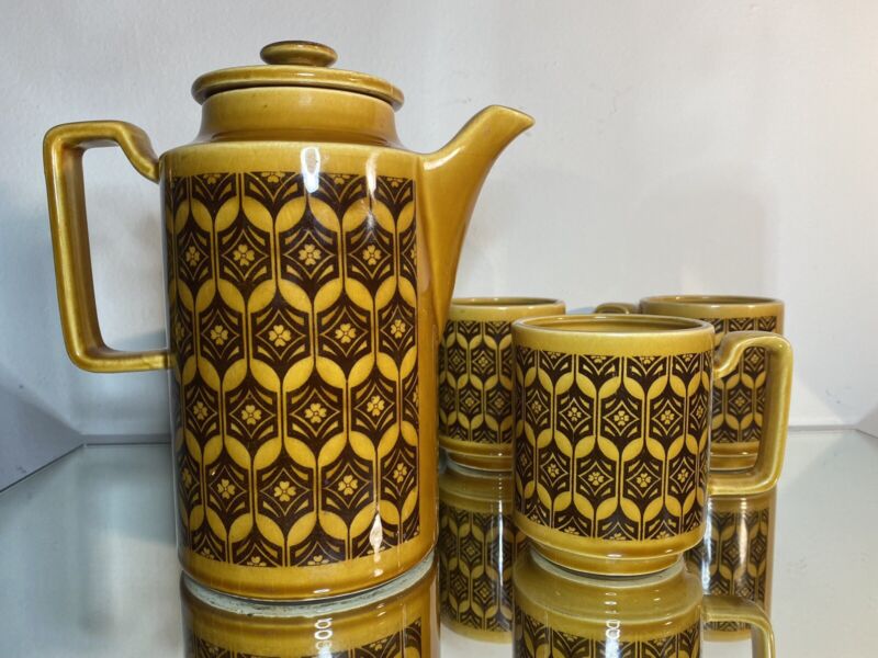 MCM Vintage Royal Sealy Tea Coffee Pot Mug 5 Pc Set Brown Amber Japan 1960-1970