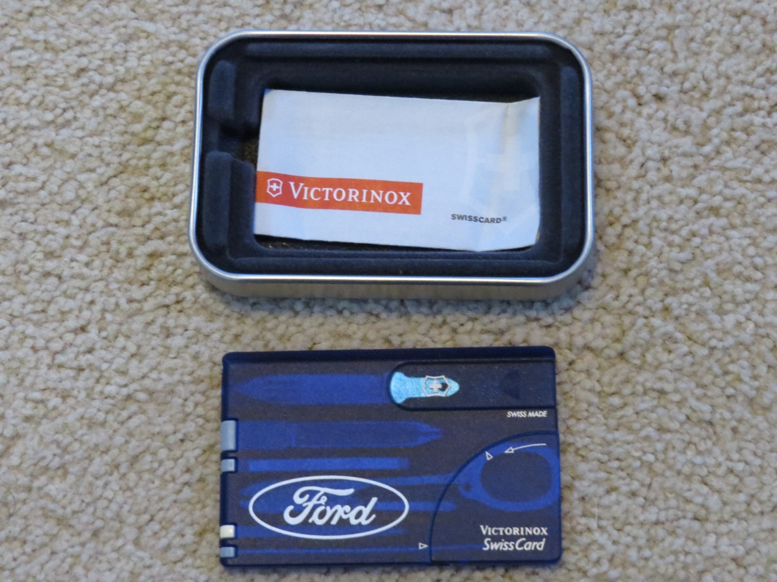 Victorinox Swiss Army SwissCard Pocket Tool, Sapphire Ford branded Metal Tin