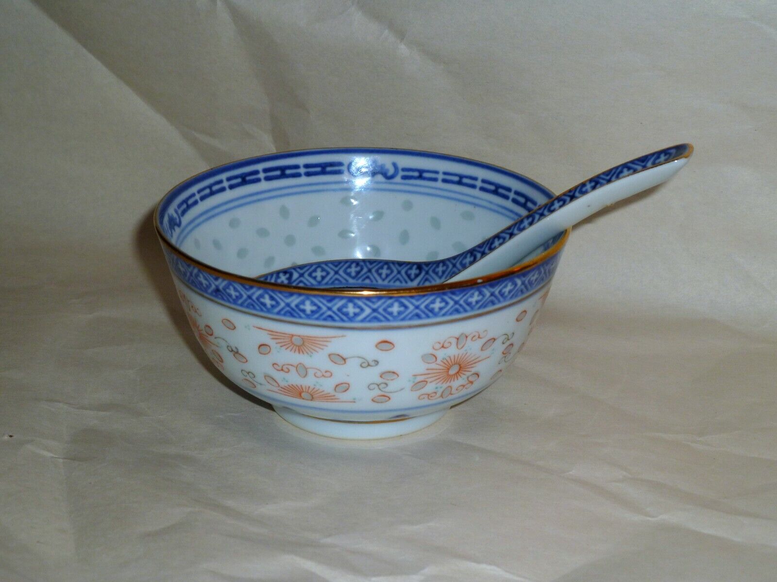 Rice Eyes Blue, White, Coral Floral Basket Soup Spoon/bowl
