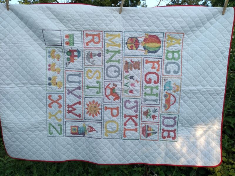 Cross Stitch ABC Baby Blanket / Quilt Vintage Colorful Animals Toys 38.5 x 55.5"