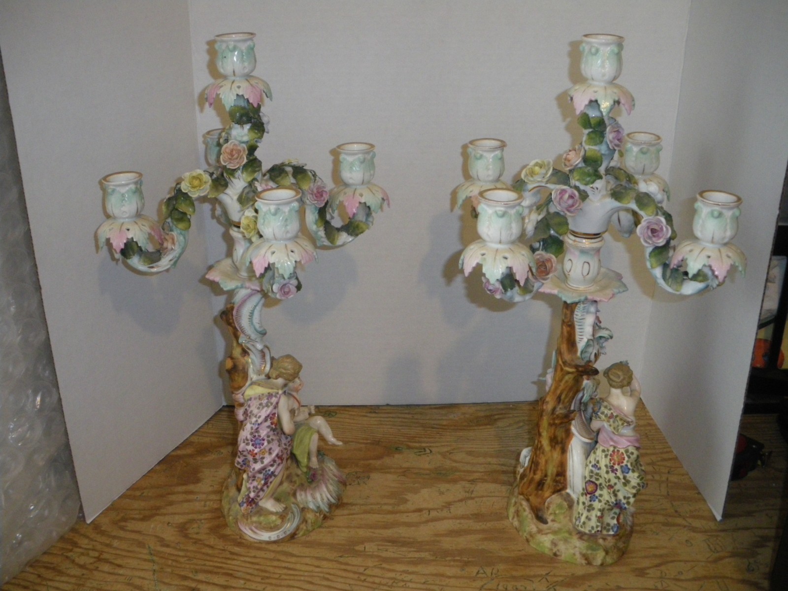 Pair Meissen Antique Porcelain Figural 5 arm - 2 part Candleholders Candlesticks