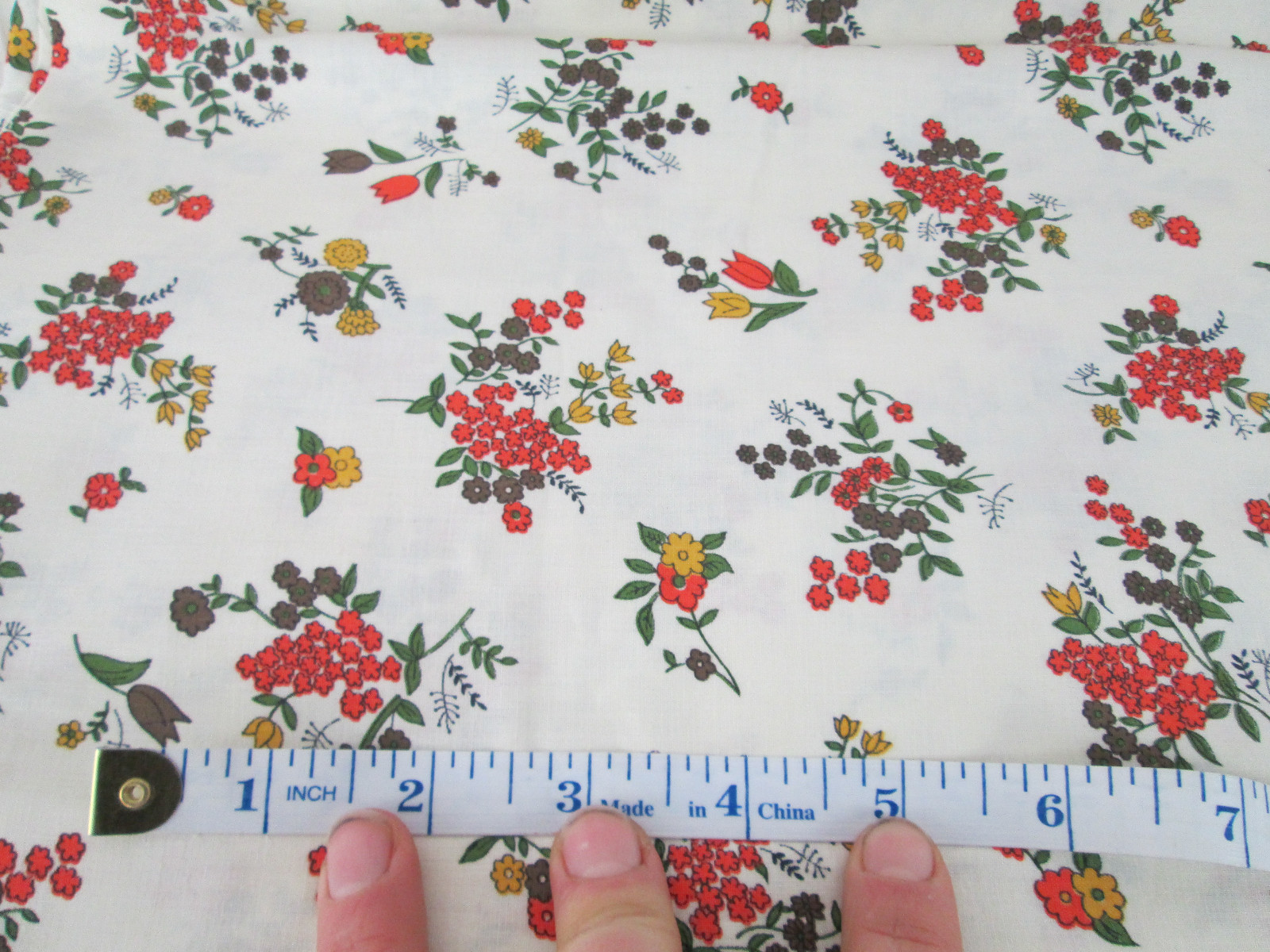 100% Cotton Fabric Vintage Brown Orange Yellow Flowers on White 3 Yards Print