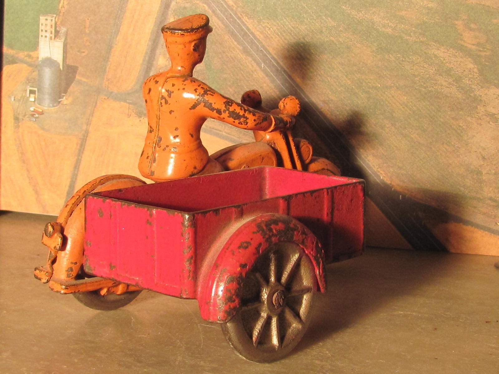 Rarest  Kilgore 1927 orange - red  Cast Iron Clicker Motorcycle * Cargo Side Car