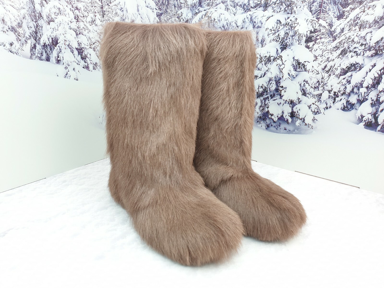 Pre-owned Litvin Brown Goat Fur Winter Snow Boots For Women, Furry Moutons, Handmade In Milk Chocolate
