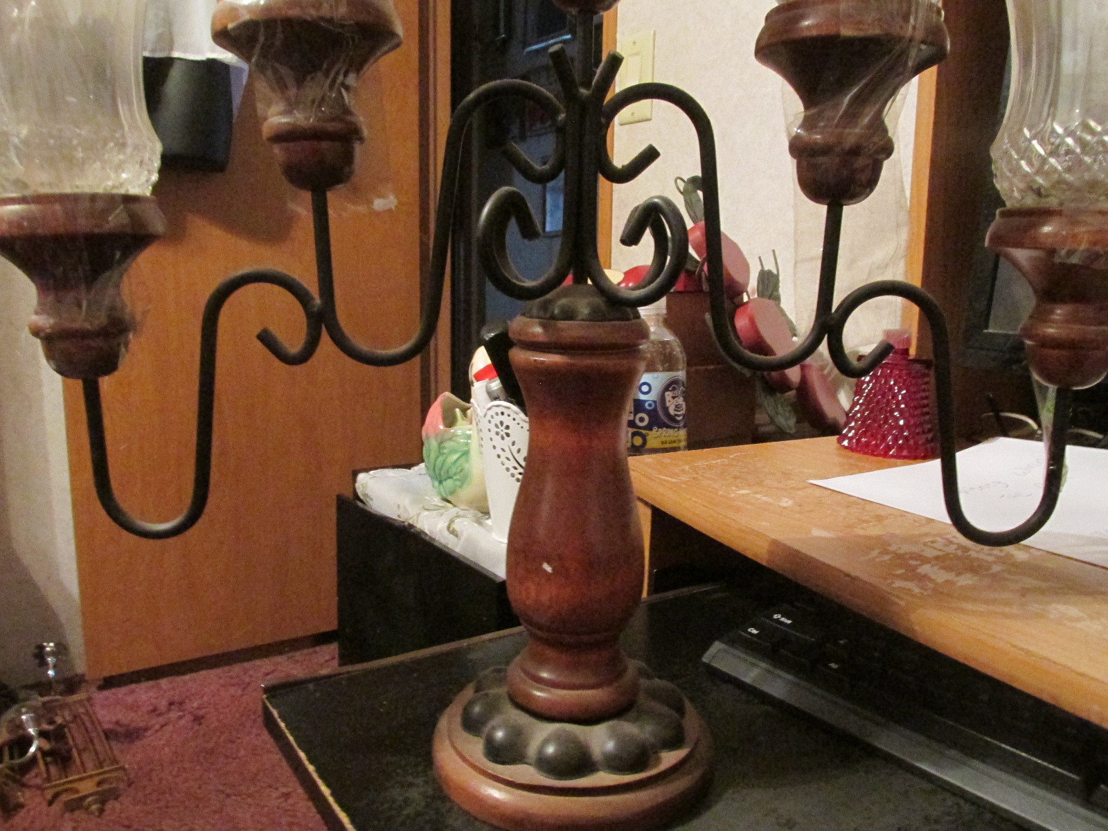 Vintage Home Interiors HOMCO 5 Arm Wood Metal Candelabra Glass Candle Holder