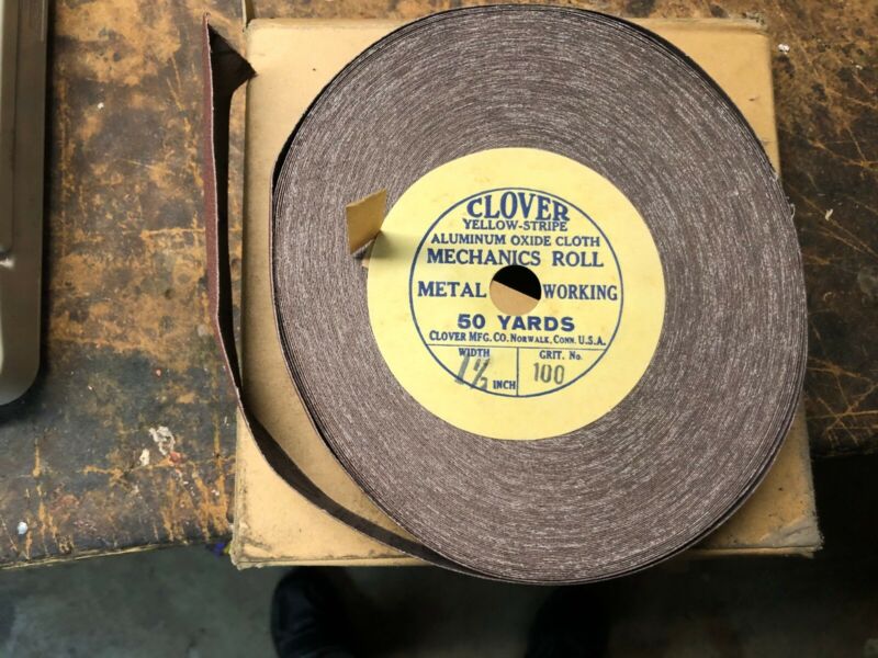 Clover Yellow-Stripe Aluminum Oxide Abrasive 50 Yd, 1.5”, 100 Grit New Old Stock