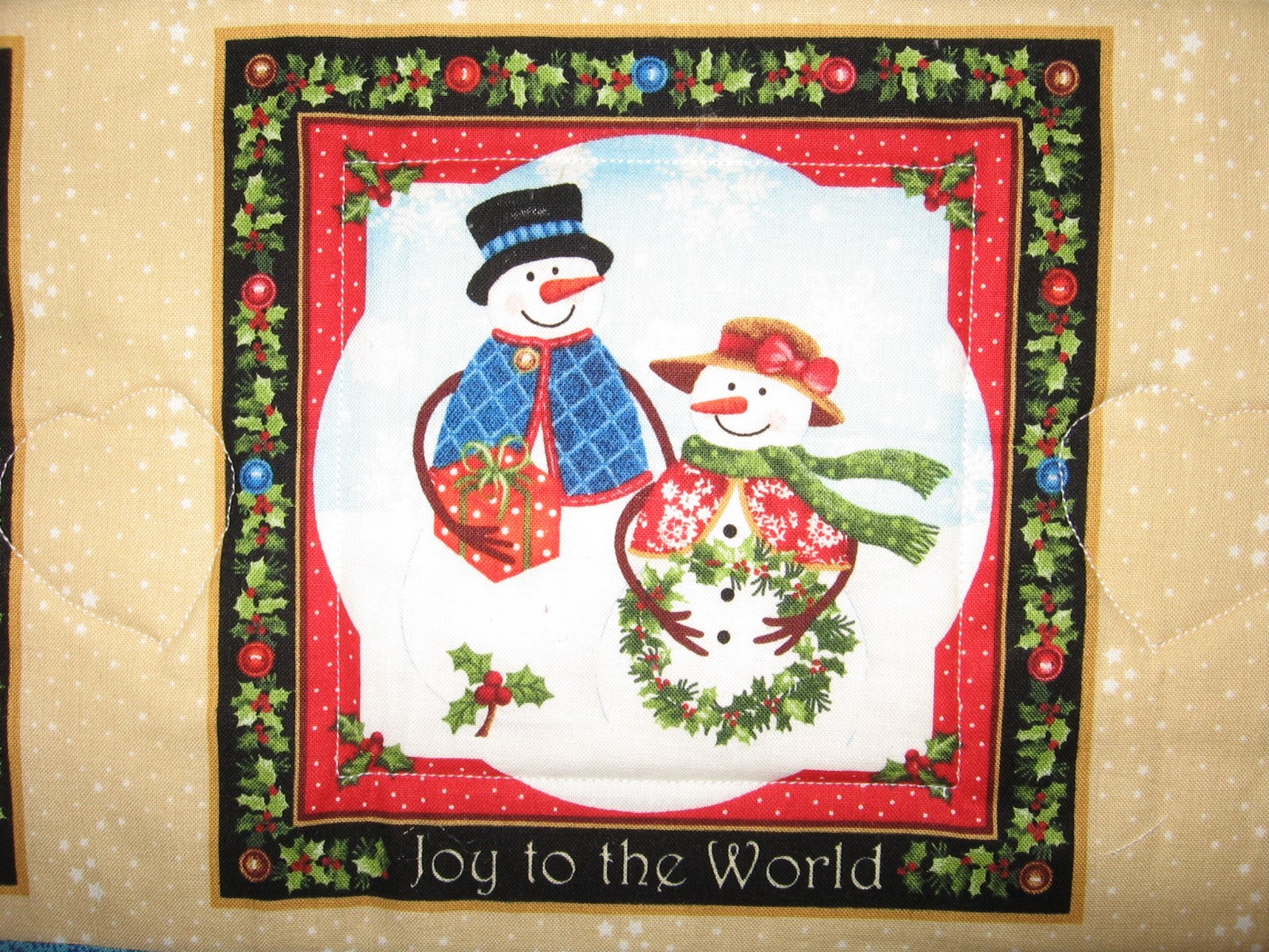 Quilted handcrafted Snowmen winter table runner 100% cotton reds, blues, tans