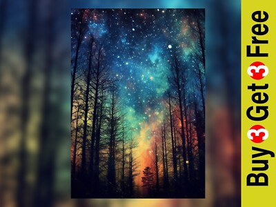 Cosmic Trees Starry Night Sky Art Print 5'' x 7'' - Celestial Tree Painting