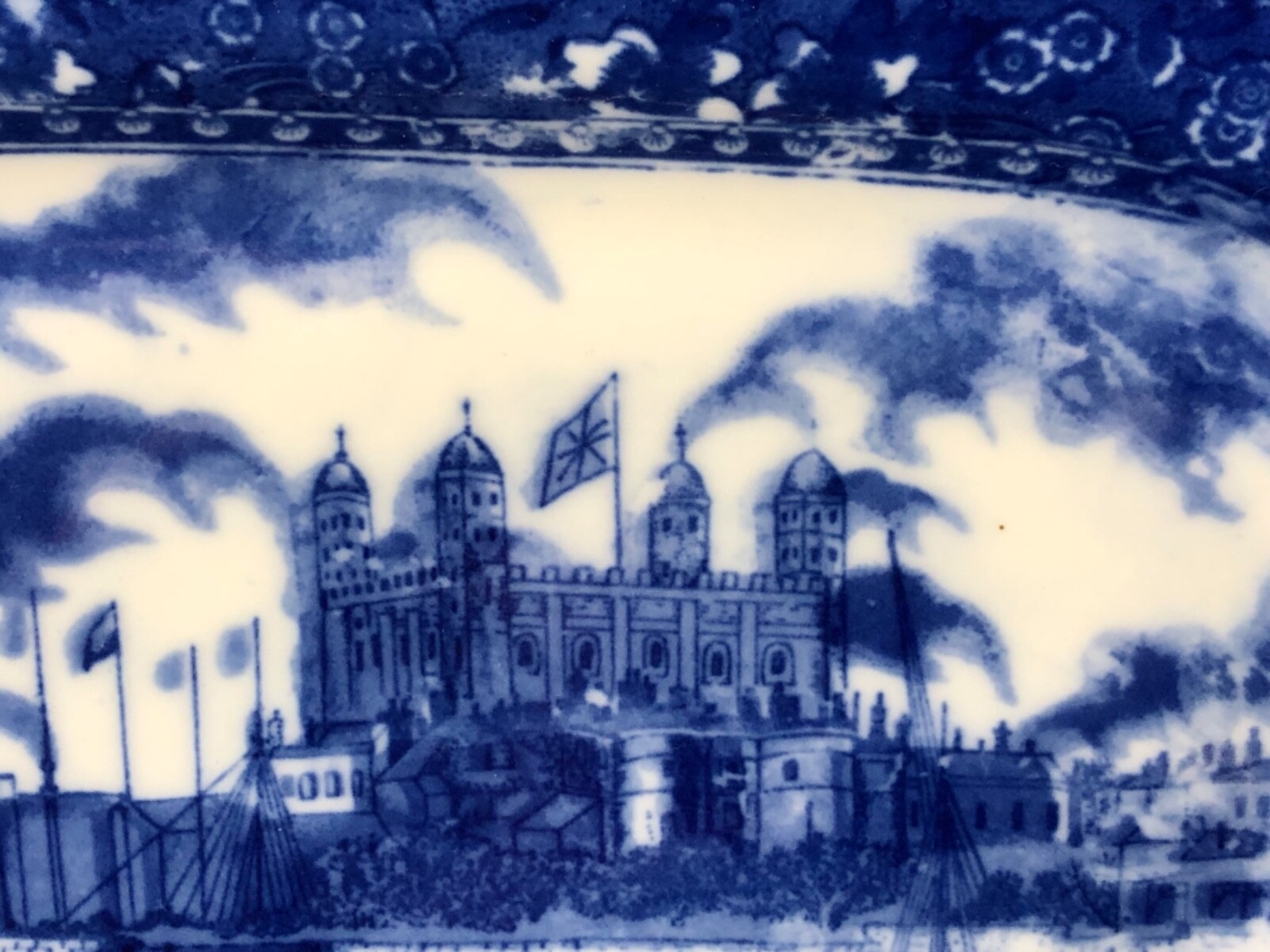 Antique and Gorgeous Blue Flow 11&1/8” Platter Depicts Castle Water Boats& Flags