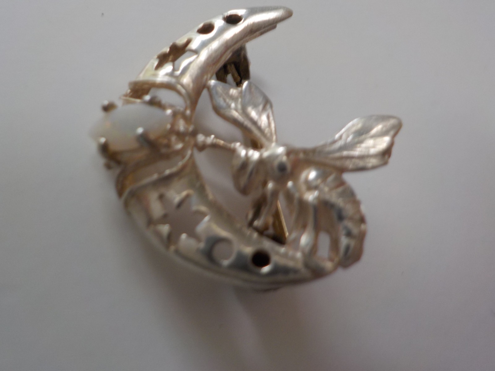 Sterling Silver and opal women's pin Bee or Hornet flies to a crescent moon