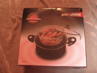 Pro Cuisine 3 pc Nonstick Heavy Gauge Covered Sauce Pot Deep Fry Strainer NEW!