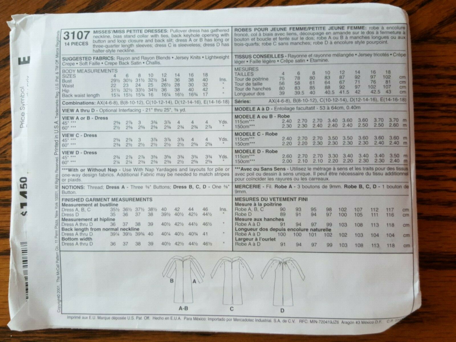 VINTAGE UNOPENED McCALLS PATTERN MISSES/PETITE DRESSES SZ 8-10-12 # 3107