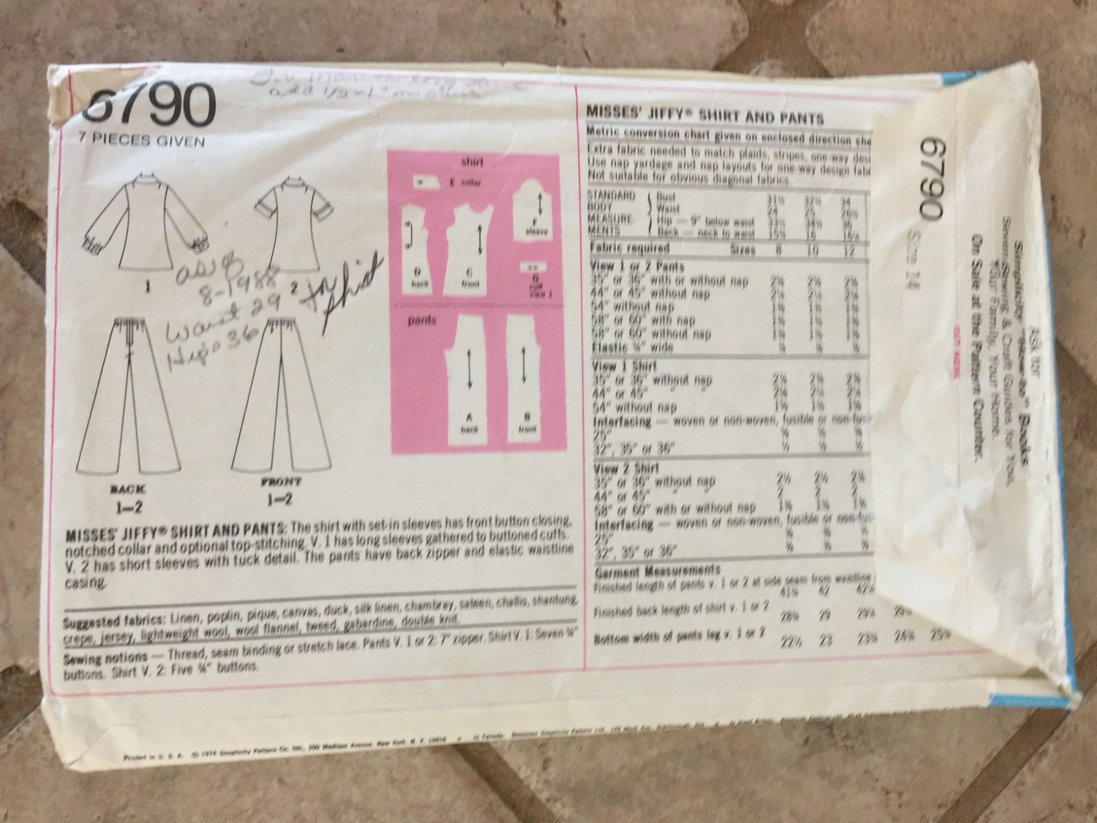 Vintage Simplicity Women's Pattern #6790 Size 14 Pants and Shirt