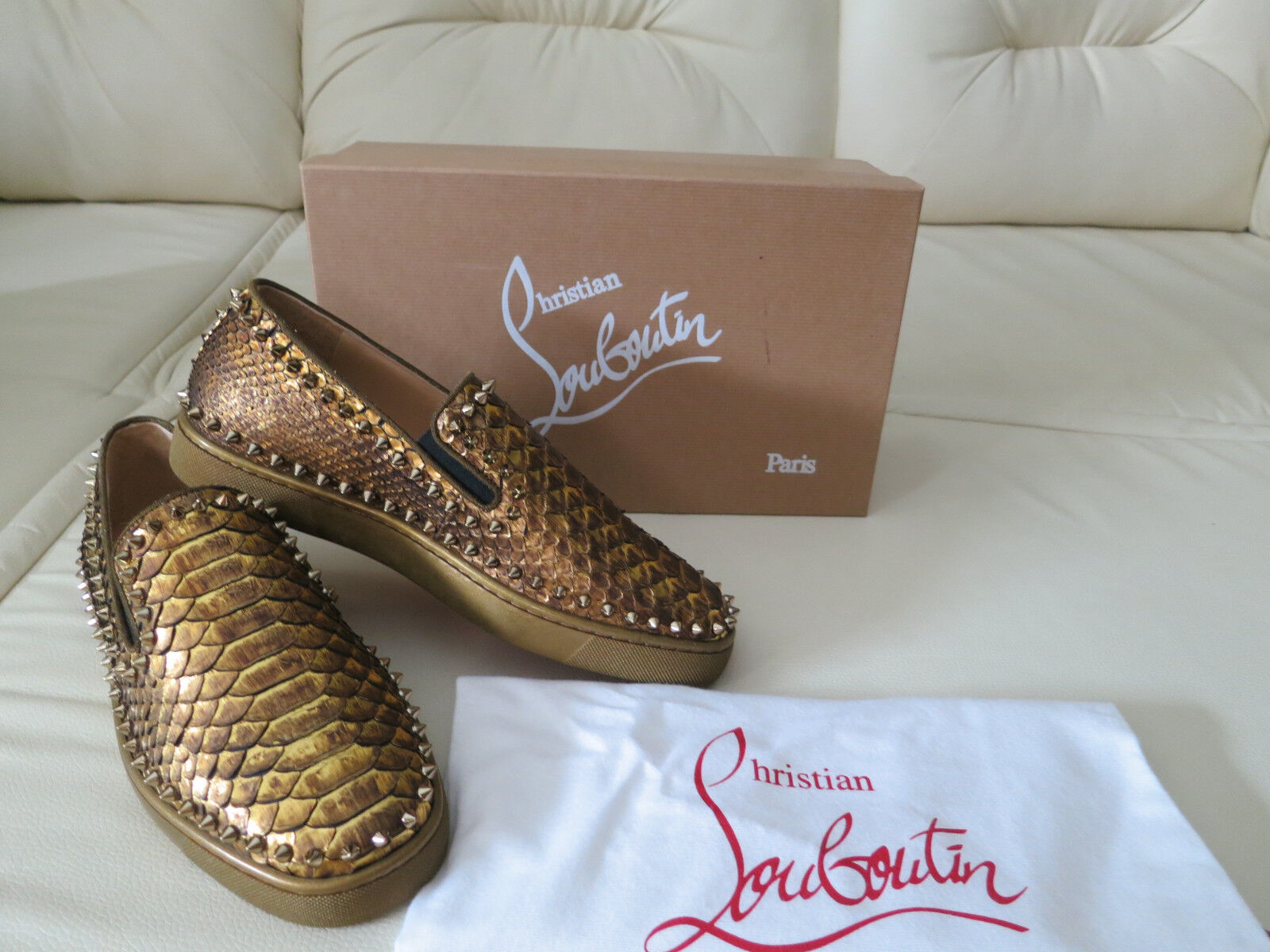 Pre-owned Christian Louboutin Pik Boat Gold Python Sneaker Loafer 39 39.5