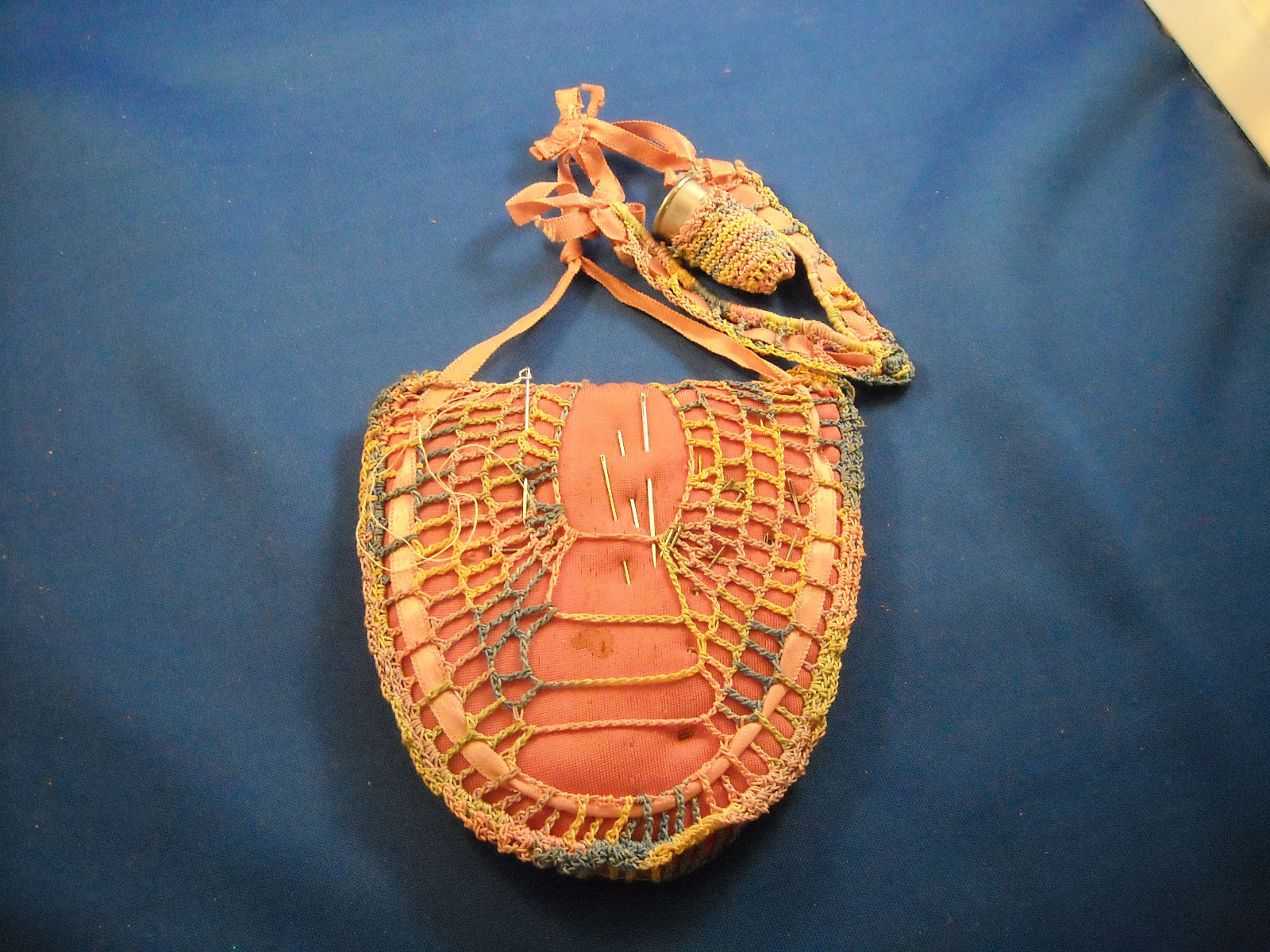 VINTAGE CROCHET COVERED SATIN  PIN CUSHION WITH HEART SHAPED THIMBLE HOLDER