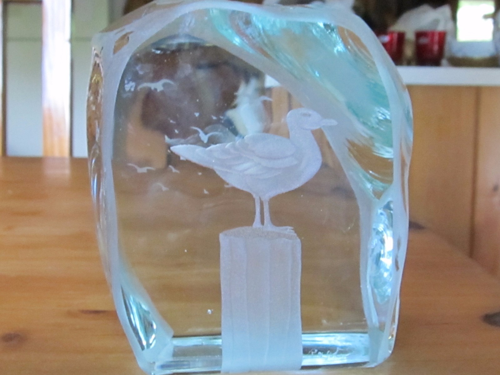 Clear Glass Etched Block seagull sculpture paperweight signed