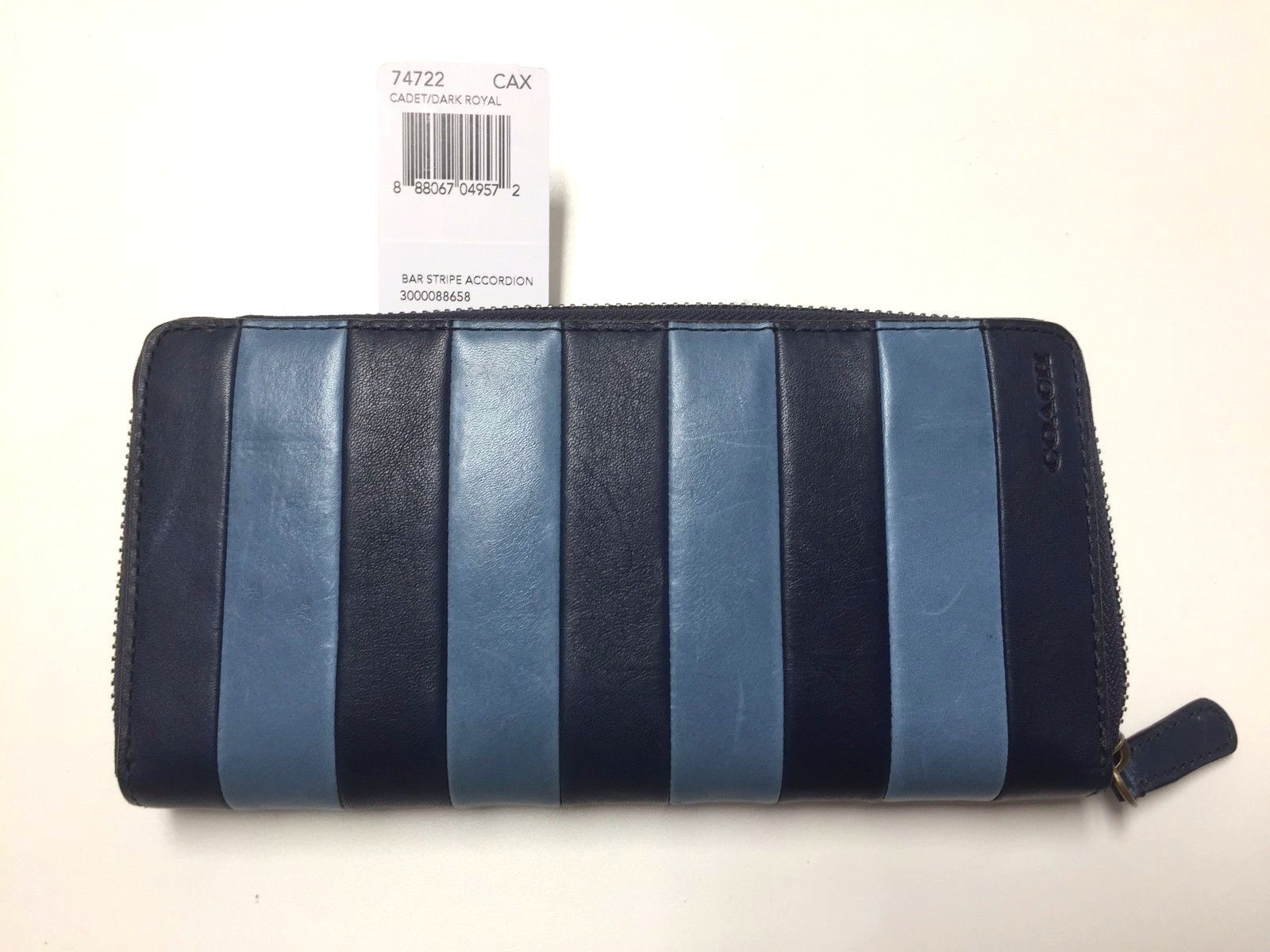 Pre-owned Coach Bleecker Bar Stripe Leather Accordion Wallet Cadet Dark Royal F74722 In Blue